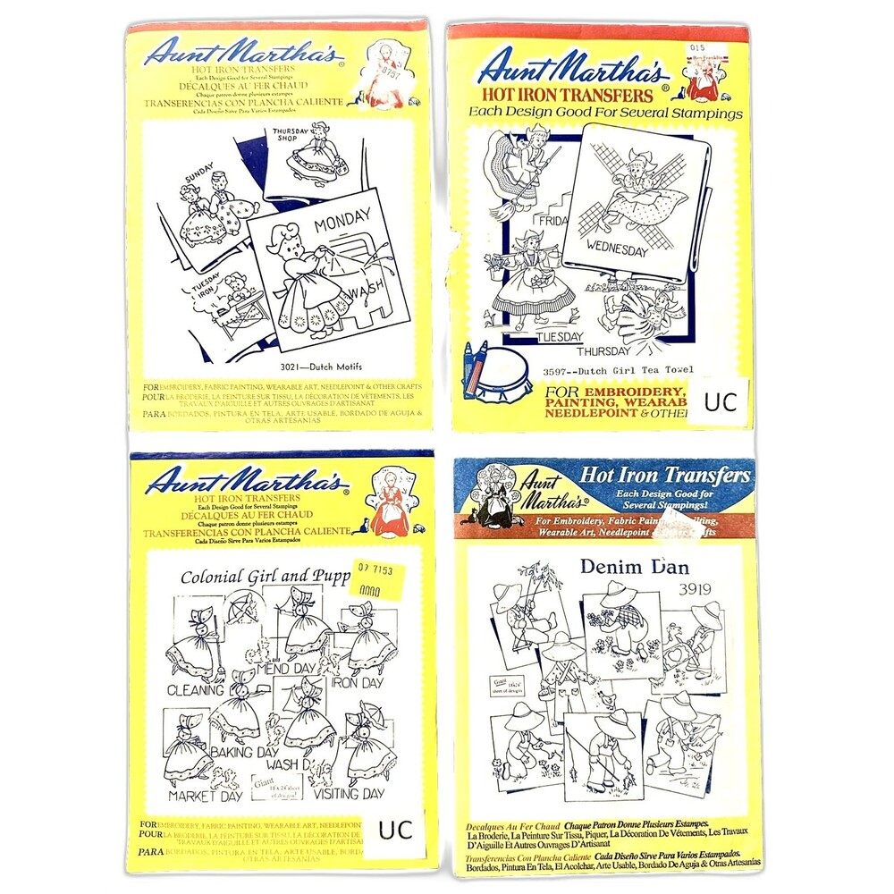 Aunt Martha's Embroidery Iron On Transfer Patterns Tea Towels Set of 4